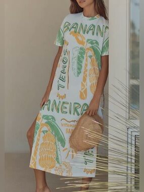 FARM Rio X Anthropologie Tropical Printed T Shirt Midi Dress Size Small Petite
